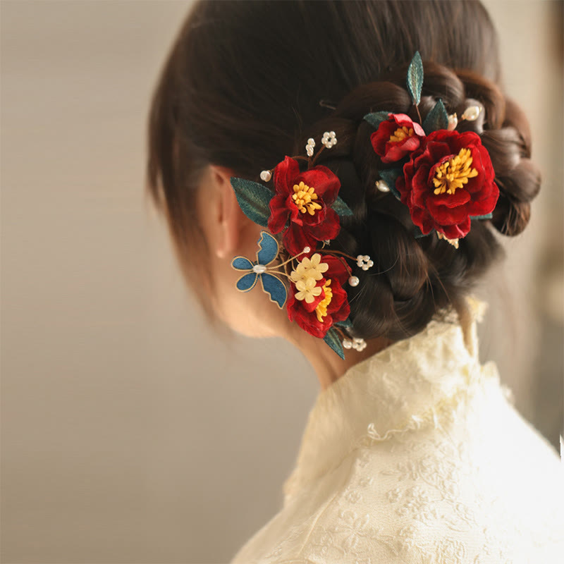 Épingle à cheveux chinoise en forme de papillon camélia rouge pour la transformation et l'espoir