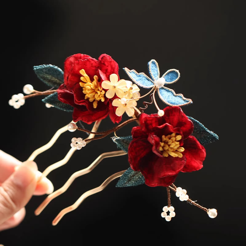 Épingle à cheveux chinoise en forme de papillon camélia rouge pour la transformation et l'espoir