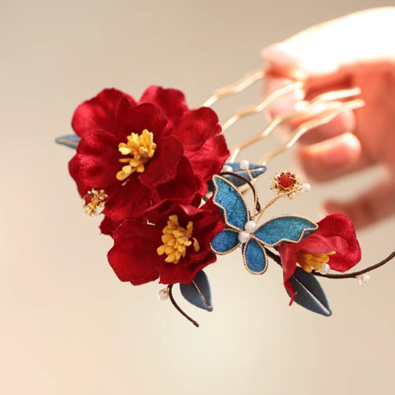Épingle à cheveux chinoise en forme de papillon camélia rouge pour la transformation et l'espoir