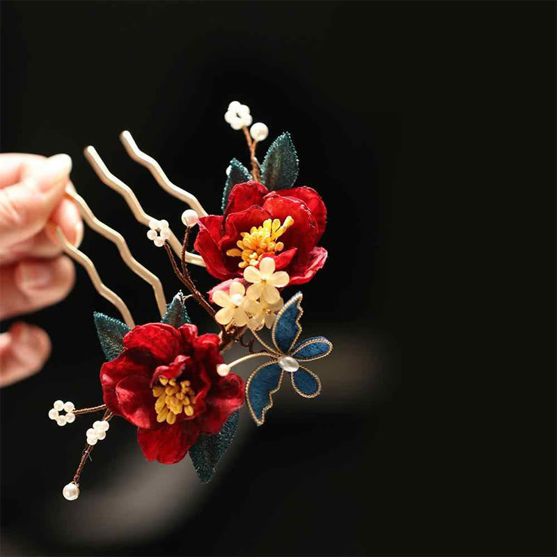 Épingle à cheveux chinoise en forme de papillon camélia rouge pour la transformation et l'espoir