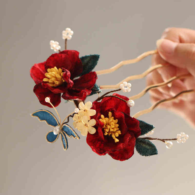 Épingle à cheveux chinoise en forme de papillon camélia rouge pour la transformation et l'espoir