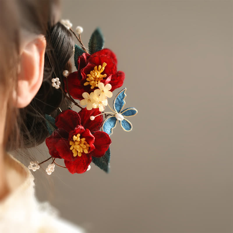 Épingle à cheveux chinoise en forme de papillon camélia rouge pour la transformation et l'espoir