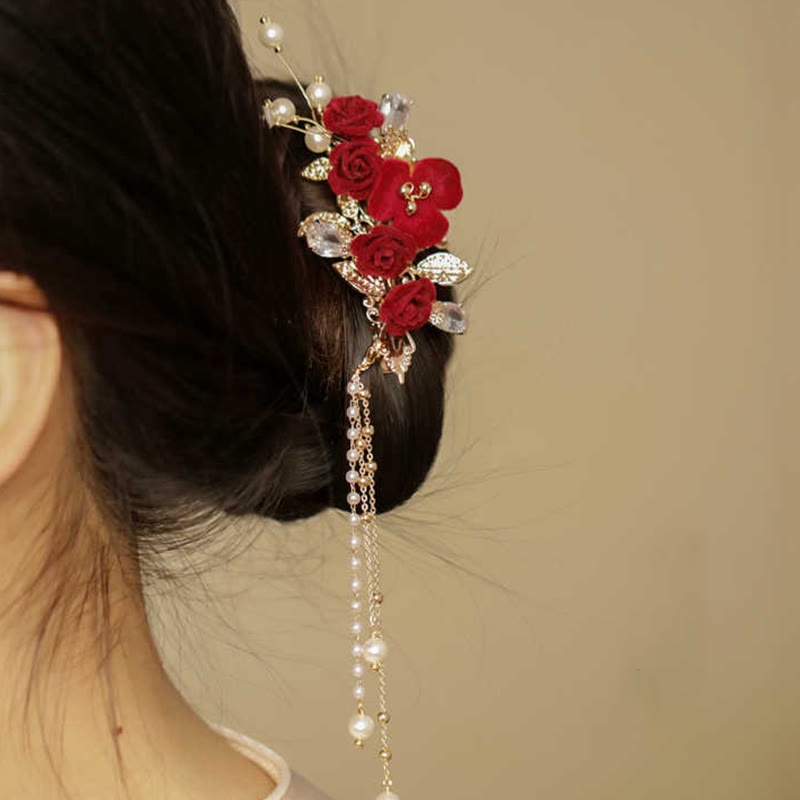 Pince à cheveux chinoise à pompon camélia rouge | Épingle à cheveux style rétro
