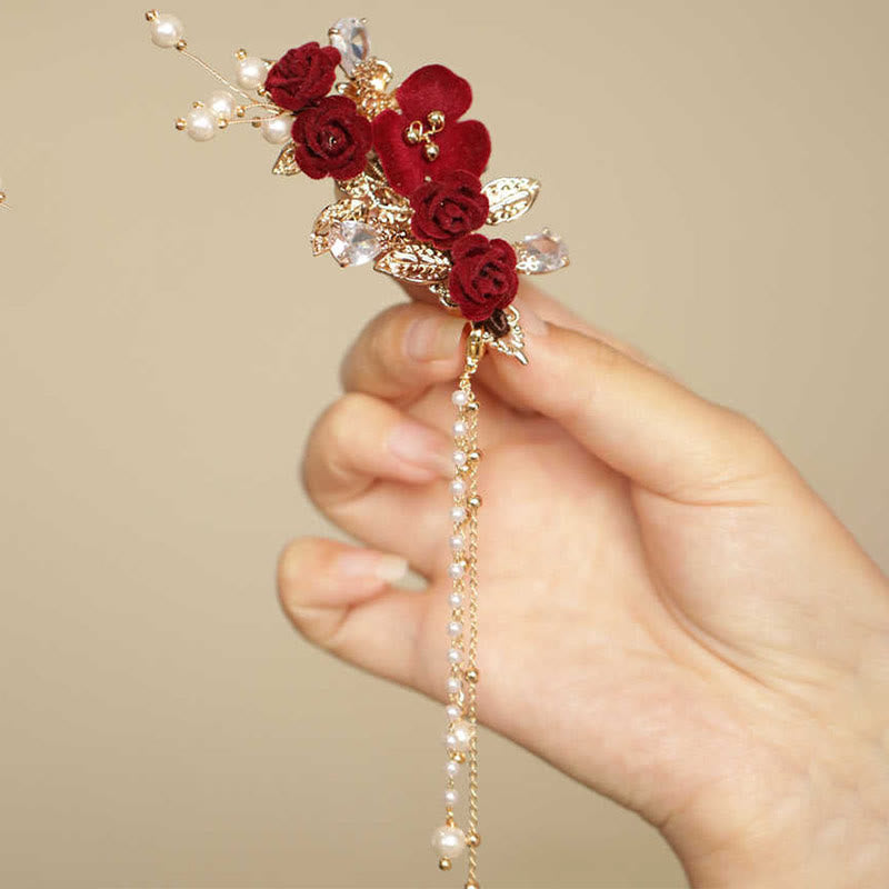 Pince à cheveux chinoise à pompon camélia rouge | Épingle à cheveux style rétro