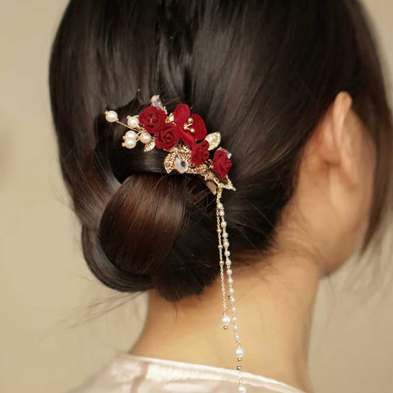 Pince à cheveux chinoise à pompon camélia rouge | Épingle à cheveux style rétro