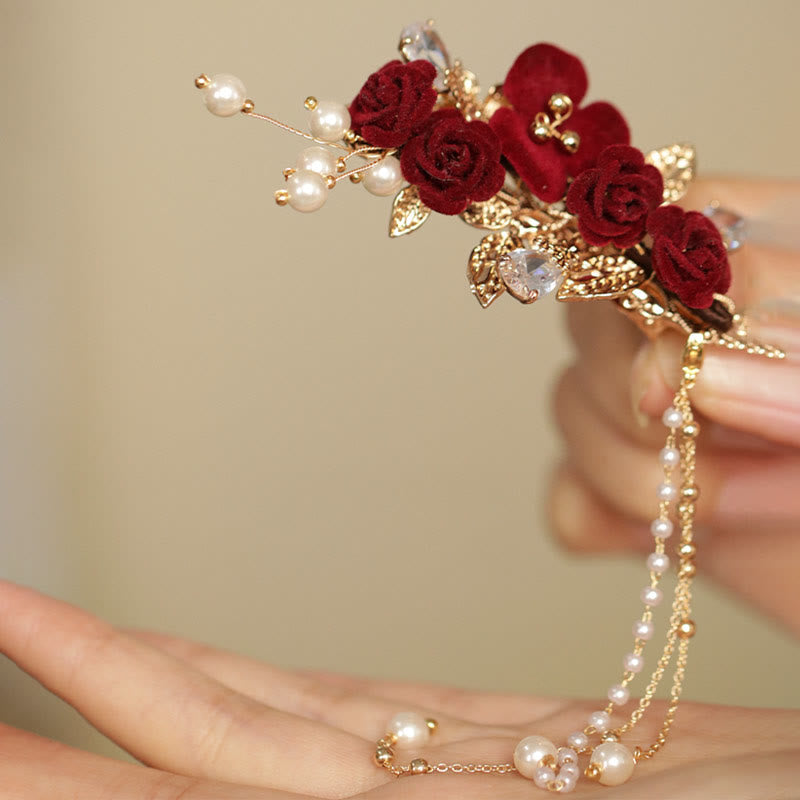 Pince à cheveux chinoise à pompon camélia rouge | Épingle à cheveux style rétro