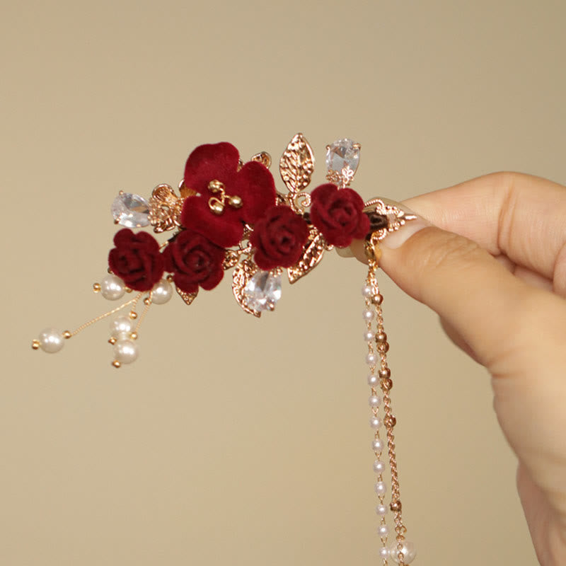 Pince à cheveux chinoise à pompon camélia rouge | Épingle à cheveux style rétro