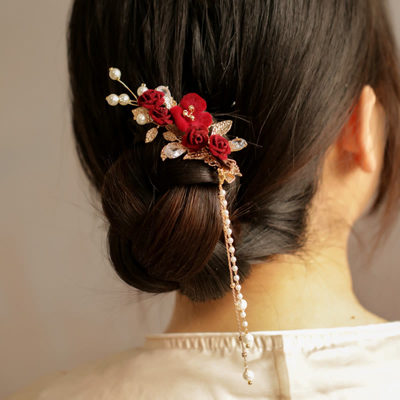 Pince à cheveux chinoise à pompon camélia rouge | Épingle à cheveux style rétro