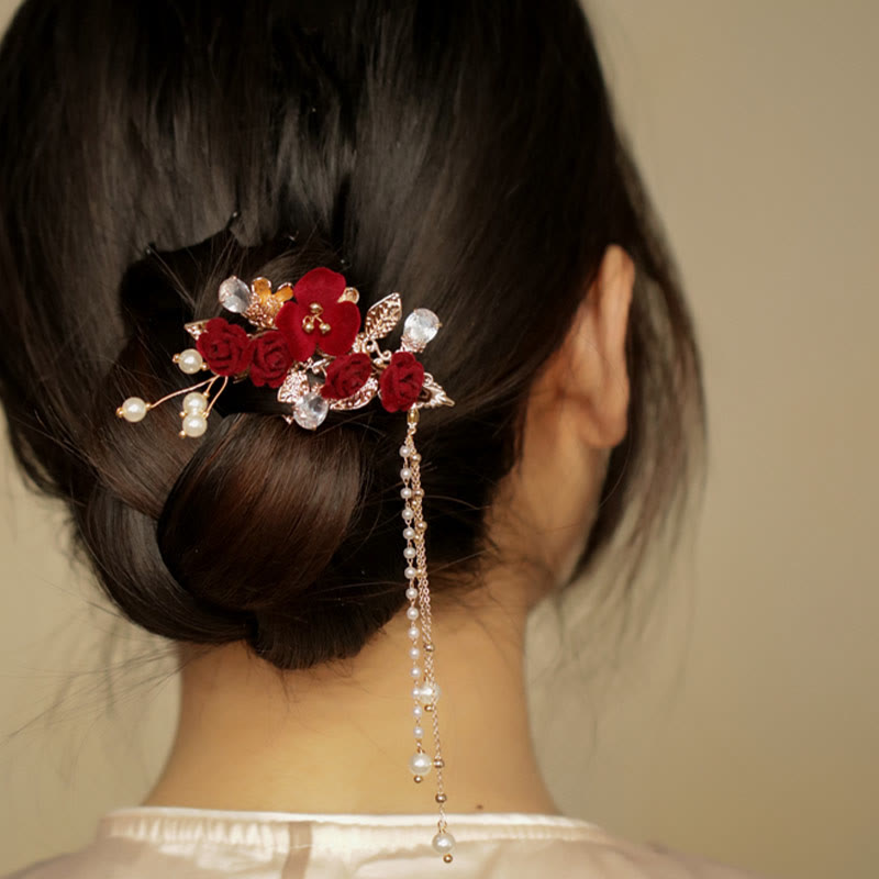 Pince à cheveux chinoise à pompon camélia rouge | Épingle à cheveux style rétro