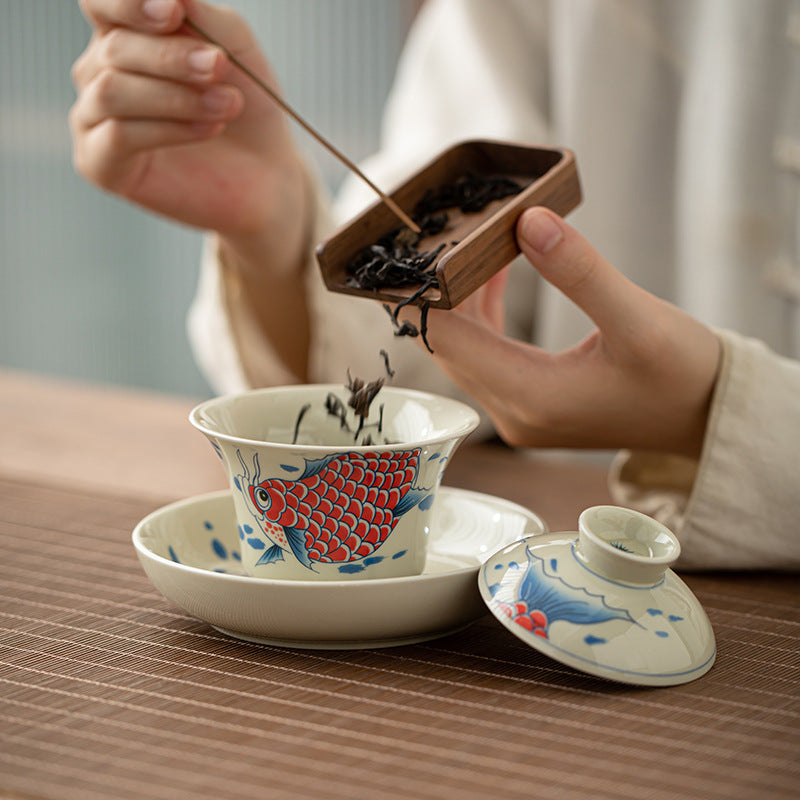 Tasse à thé Gaiwan en céramique rouge motif carpe koï 130 ml pour rituels du thé