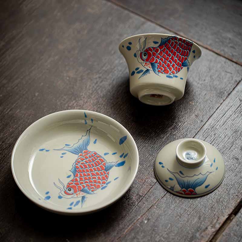 Tasse à thé Gaiwan en céramique rouge motif carpe koï 130 ml pour rituels du thé