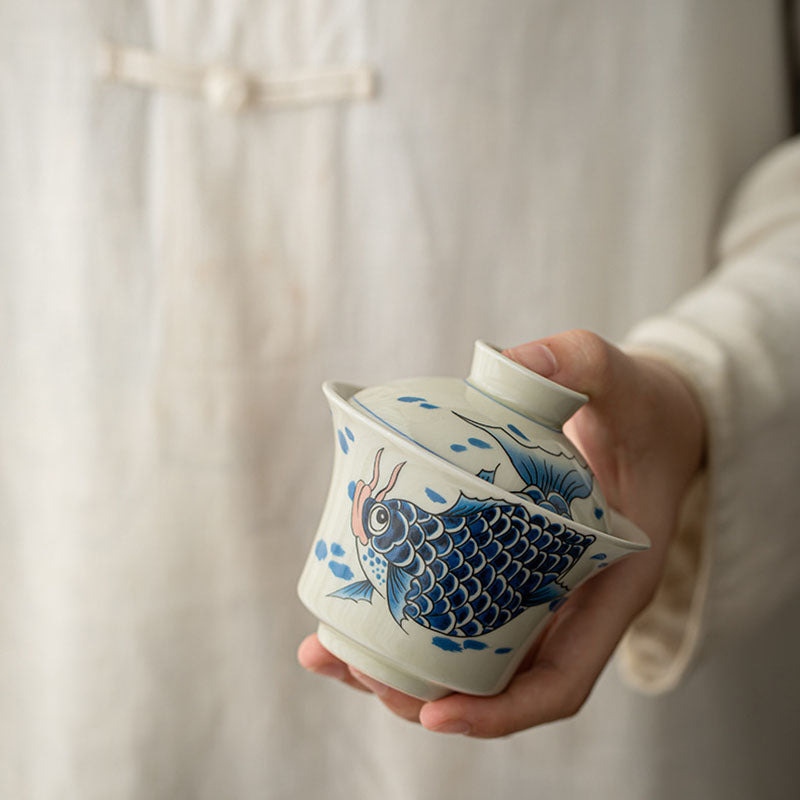Tasse à thé Gaiwan en céramique rouge motif carpe koï 130 ml pour rituels du thé