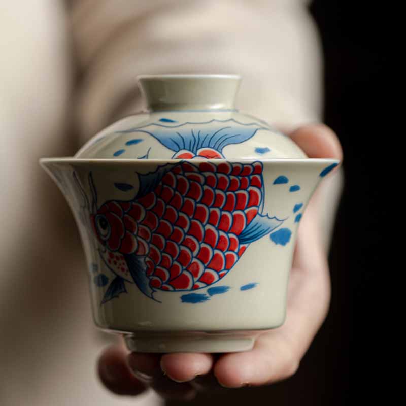 Tasse à thé Gaiwan en céramique rouge motif carpe koï 130 ml pour rituels du thé