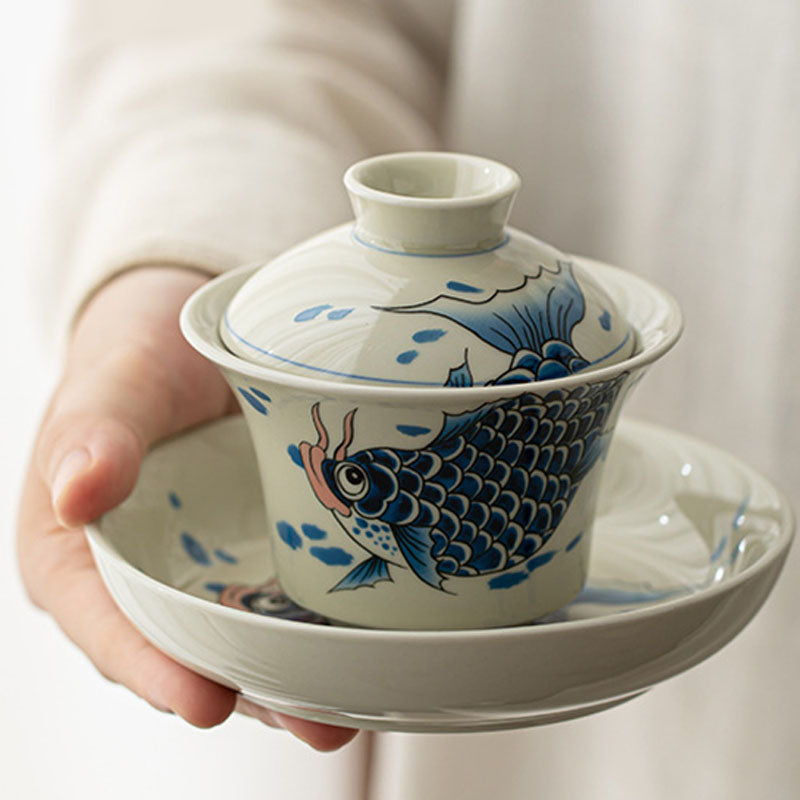 Tasse à thé Gaiwan en céramique rouge motif carpe koï 130 ml pour rituels du thé