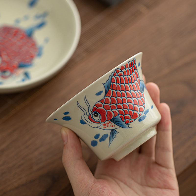 Tasse à thé Gaiwan en céramique rouge motif carpe koï 130 ml pour rituels du thé