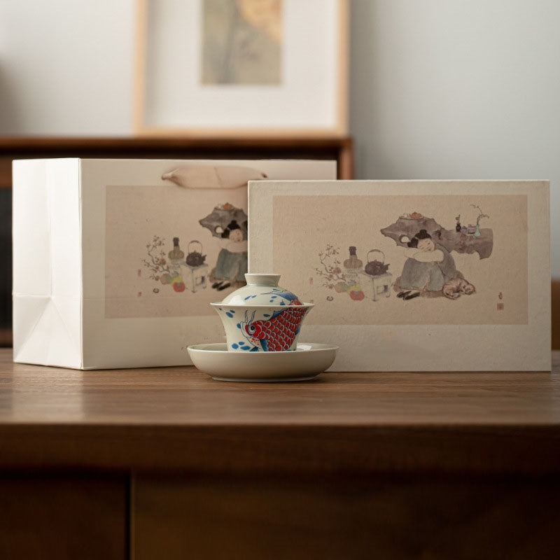 Tasse à thé Gaiwan en céramique rouge motif carpe koï 130 ml pour rituels du thé