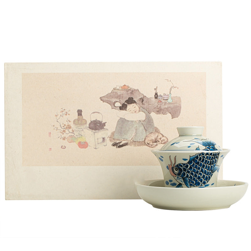 Tasse à thé Gaiwan en céramique rouge motif carpe koï 130 ml pour rituels du thé
