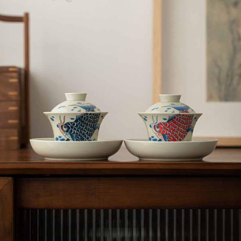 Tasse à thé Gaiwan en céramique rouge motif carpe koï 130 ml pour rituels du thé
