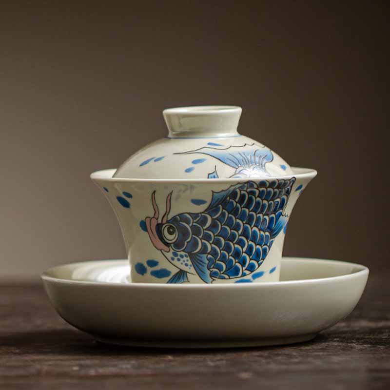 Tasse à thé Gaiwan en céramique rouge motif carpe koï 130 ml pour rituels du thé
