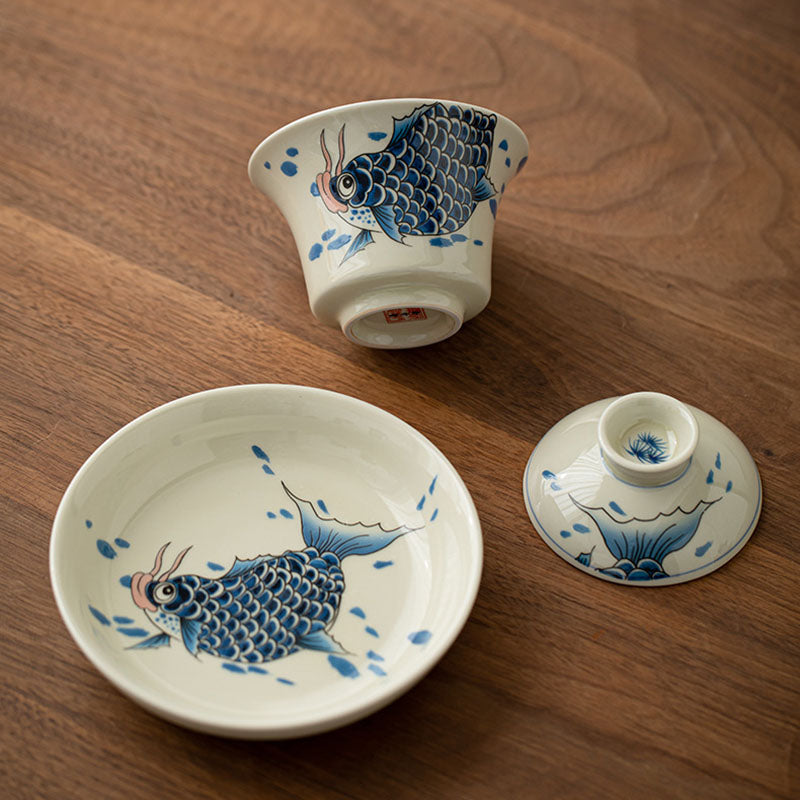 Tasse à thé Gaiwan en céramique rouge motif carpe koï 130 ml pour rituels du thé