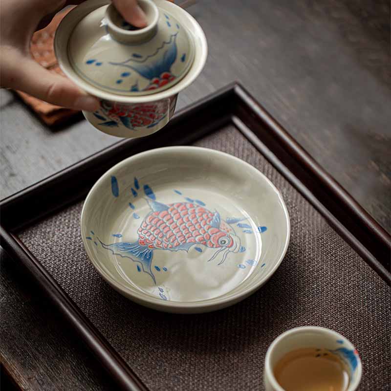 Tasse à thé Gaiwan en céramique rouge motif carpe koï 130 ml pour rituels du thé