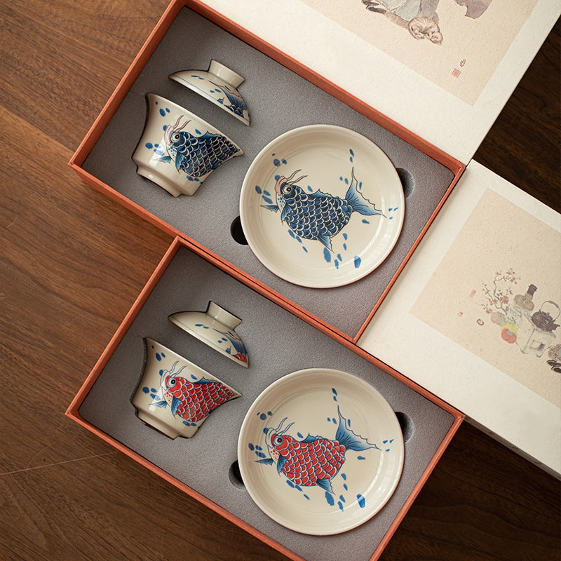 Tasse à thé Gaiwan en céramique rouge motif carpe koï 130 ml pour rituels du thé