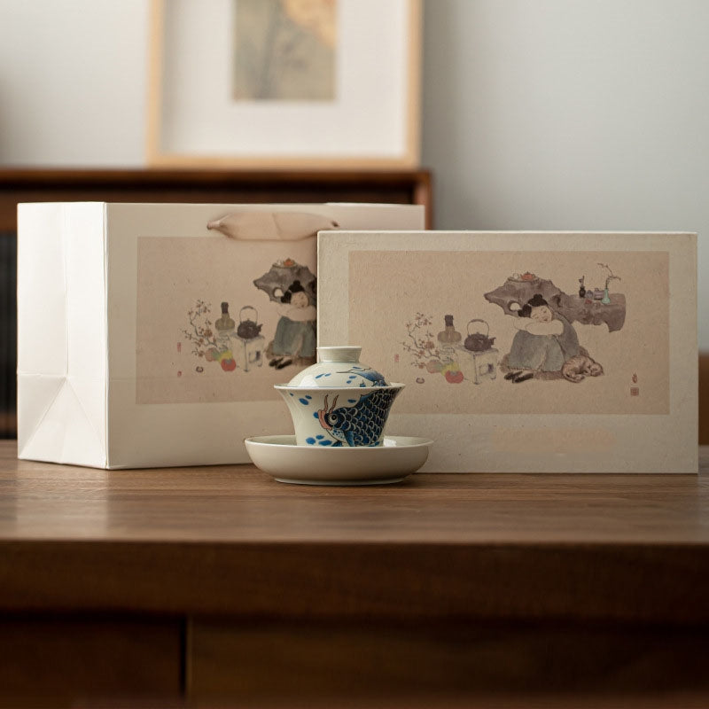 Tasse à thé Gaiwan en céramique rouge motif carpe koï 130 ml pour rituels du thé