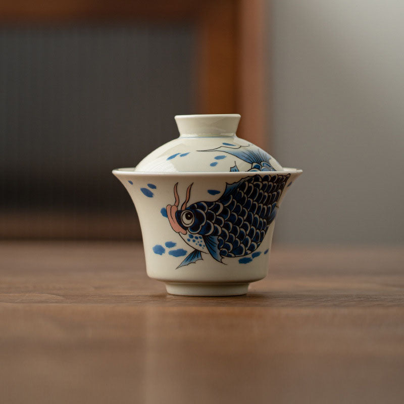 Tasse à thé Gaiwan en céramique rouge motif carpe koï 130 ml pour rituels du thé