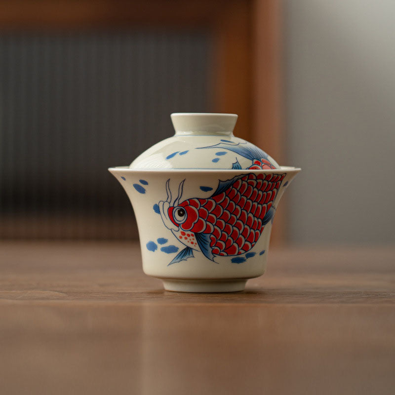 Tasse à thé Gaiwan en céramique rouge motif carpe koï 130 ml pour rituels du thé