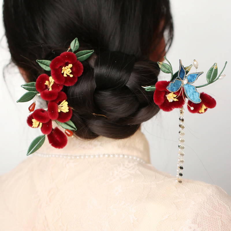 Épingle à cheveux chinoise à motif de fleur rouge et de papillon bleu | Épingle symbolique