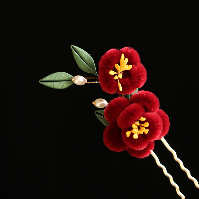 Épingle à cheveux chinoise à motif de fleur rouge et de papillon bleu | Épingle symbolique