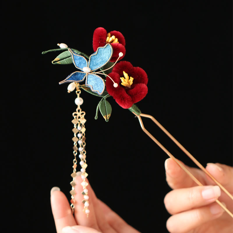 Épingle à cheveux chinoise à motif de fleur rouge et de papillon bleu | Épingle symbolique