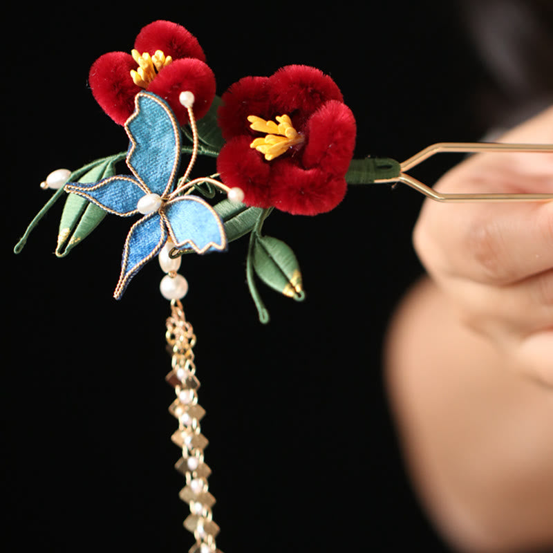 Épingle à cheveux chinoise à motif de fleur rouge et de papillon bleu | Épingle symbolique