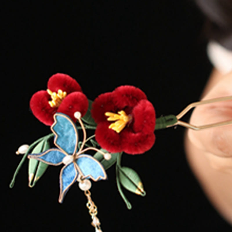 Épingle à cheveux chinoise à motif de fleur rouge et de papillon bleu | Épingle symbolique