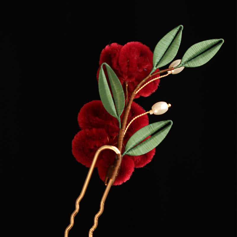 Épingle à cheveux chinoise à motif de fleur rouge et de papillon bleu | Épingle symbolique