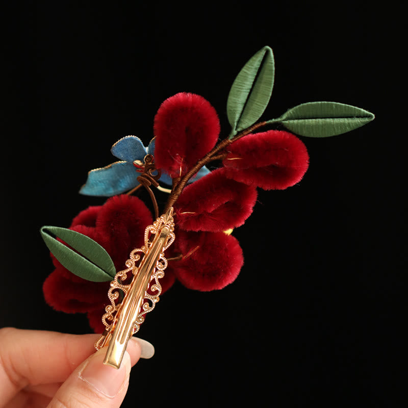 Épingle à cheveux chinoise à motif de fleur rouge et de papillon bleu | Épingle symbolique