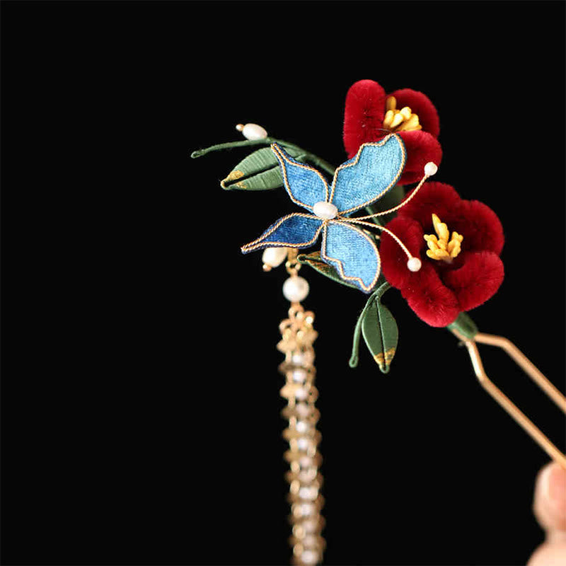 Épingle à cheveux chinoise à motif de fleur rouge et de papillon bleu | Épingle symbolique