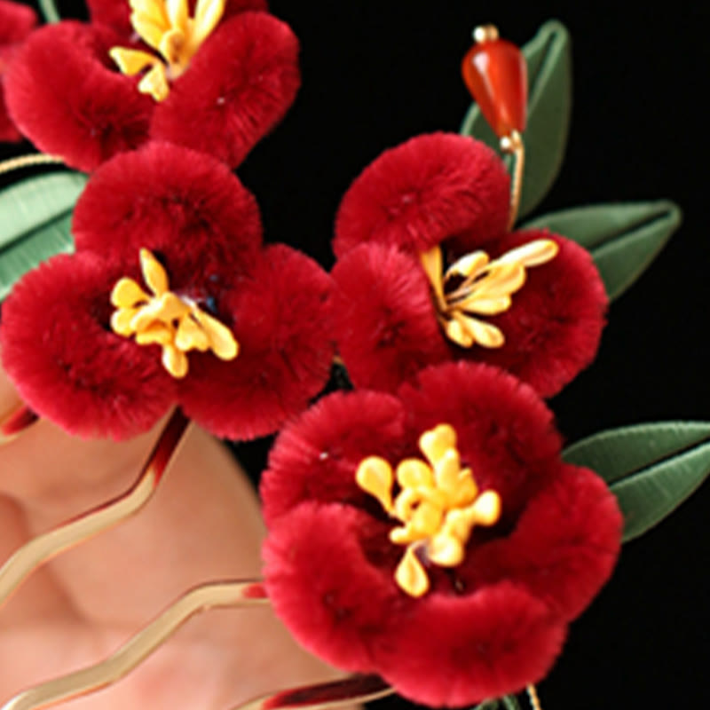 Épingle à cheveux chinoise à motif de fleur rouge et de papillon bleu | Épingle symbolique