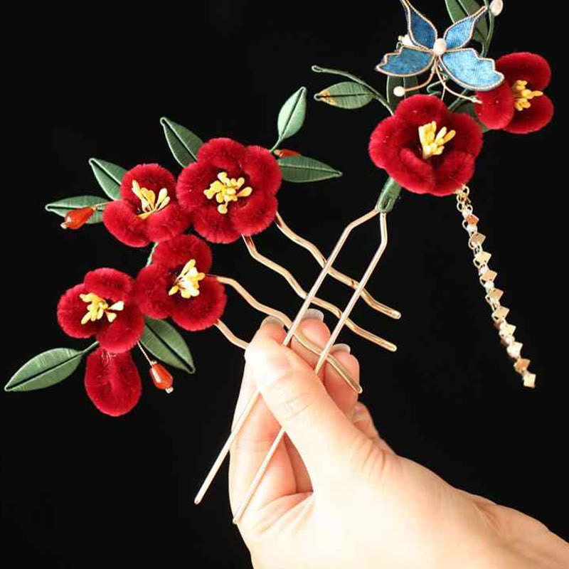 Épingle à cheveux chinoise à motif de fleur rouge et de papillon bleu | Épingle symbolique