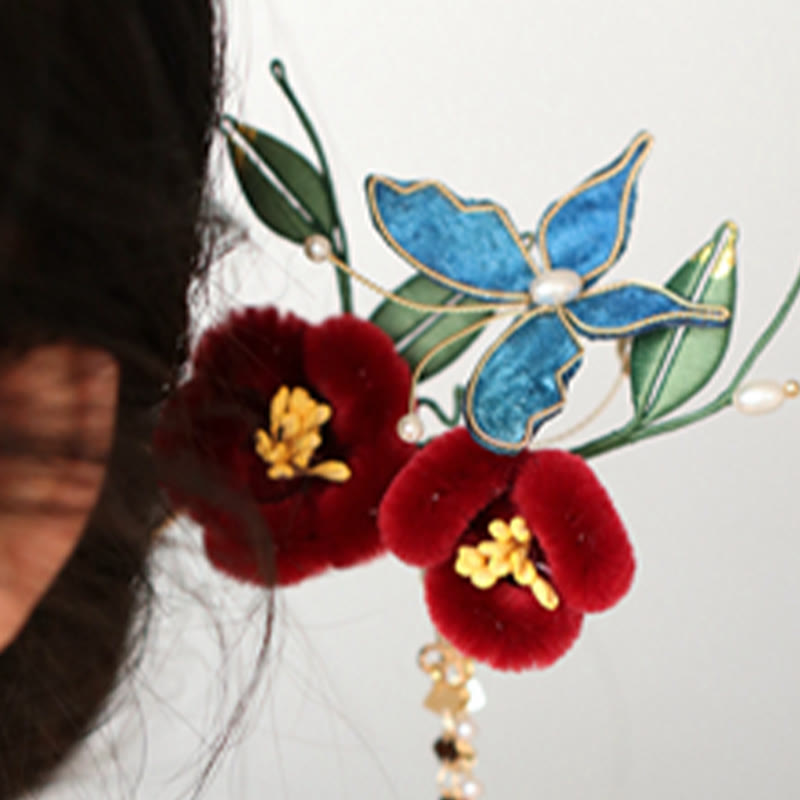 Épingle à cheveux chinoise à motif de fleur rouge et de papillon bleu | Épingle symbolique