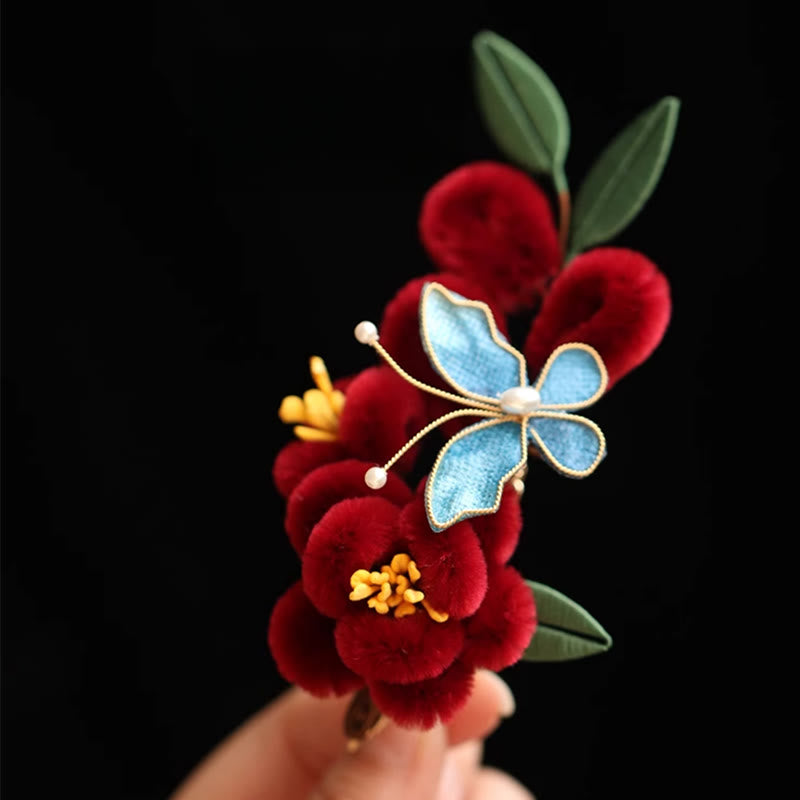 Épingle à cheveux chinoise à motif de fleur rouge et de papillon bleu | Épingle symbolique