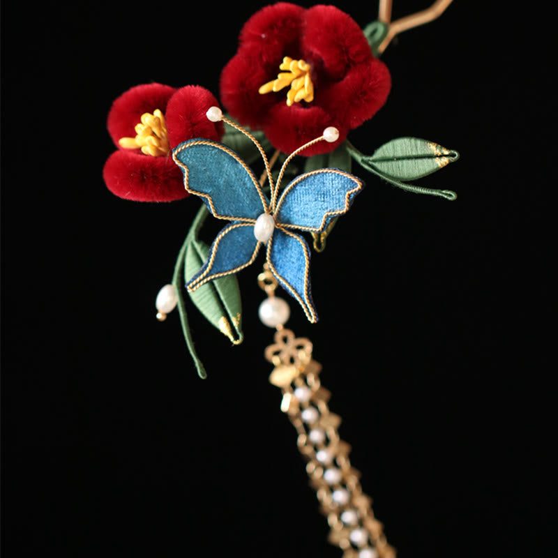 Épingle à cheveux chinoise à motif de fleur rouge et de papillon bleu | Épingle symbolique