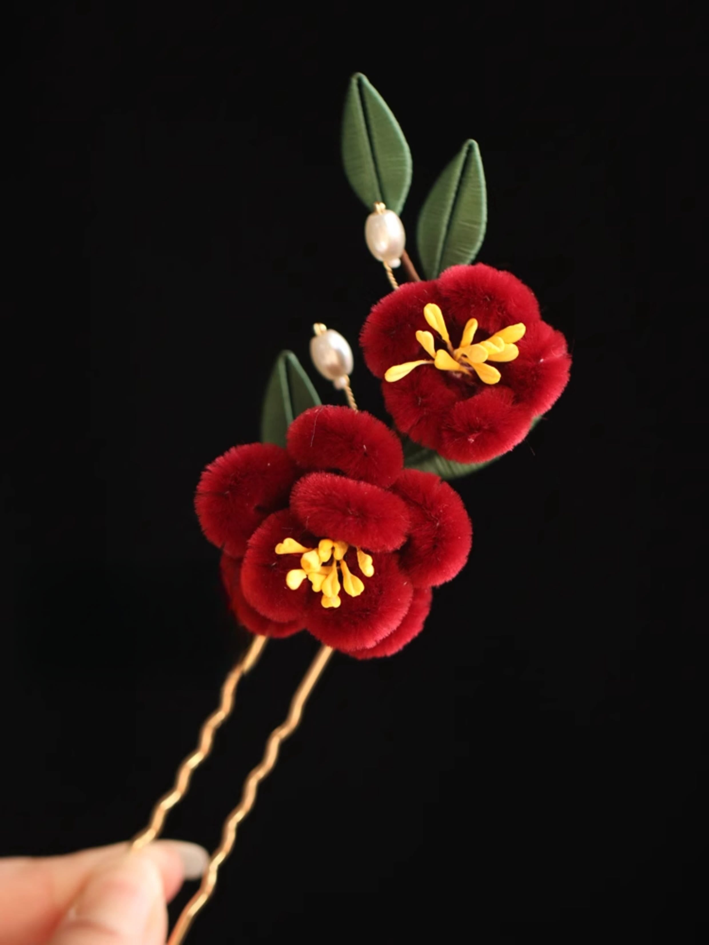 Épingle à cheveux chinoise à motif de fleur rouge et de papillon bleu | Épingle symbolique
