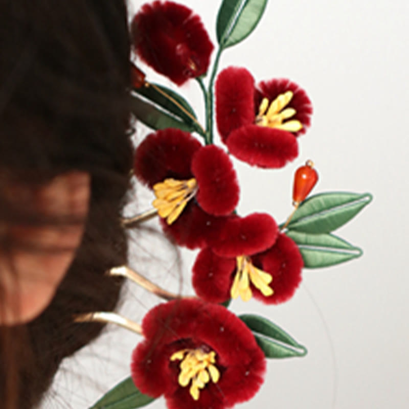 Épingle à cheveux chinoise à motif de fleur rouge et de papillon bleu | Épingle symbolique