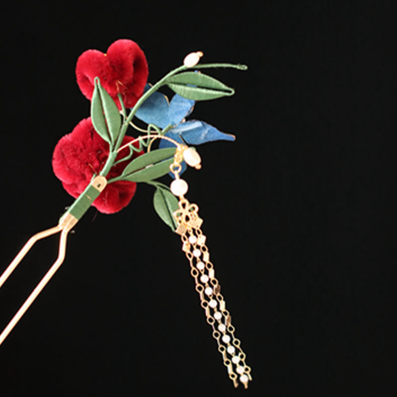 Épingle à cheveux chinoise à motif de fleur rouge et de papillon bleu | Épingle symbolique