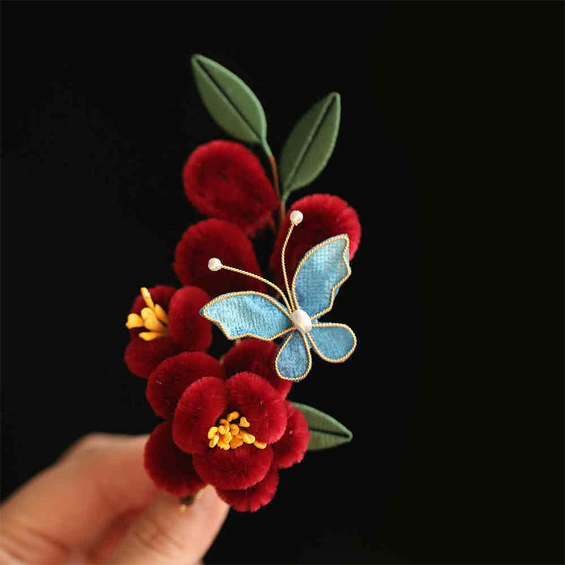 Épingle à cheveux chinoise à motif de fleur rouge et de papillon bleu | Épingle symbolique