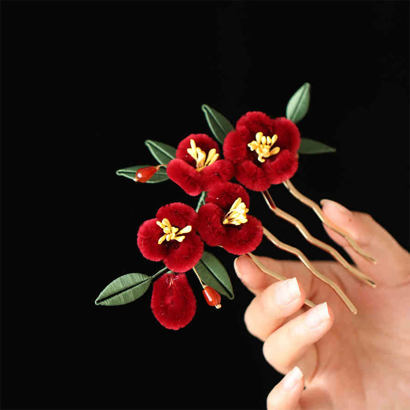 Épingle à cheveux chinoise à motif de fleur rouge et de papillon bleu | Épingle symbolique