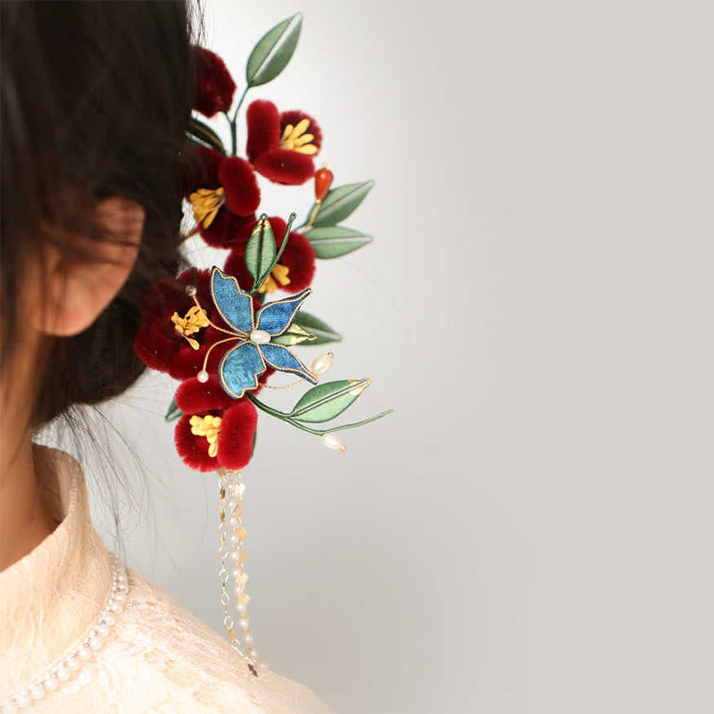Épingle à cheveux chinoise à motif de fleur rouge et de papillon bleu | Épingle symbolique