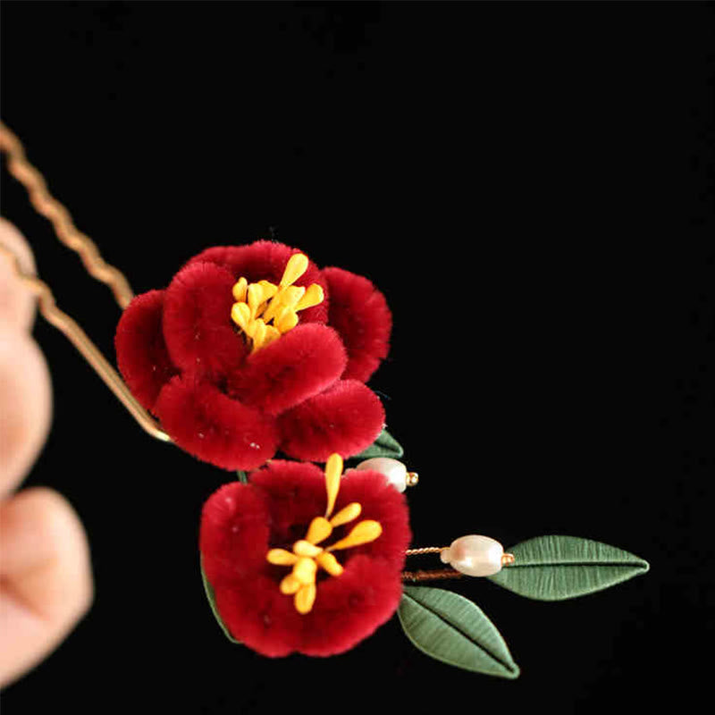 Épingle à cheveux chinoise à motif de fleur rouge et de papillon bleu | Épingle symbolique
