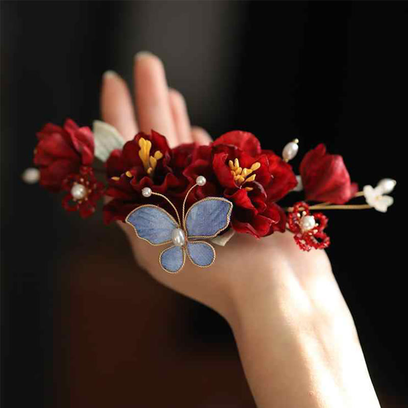 Pince à cheveux chinoise en forme de papillon et de fleur rouge pour mariée